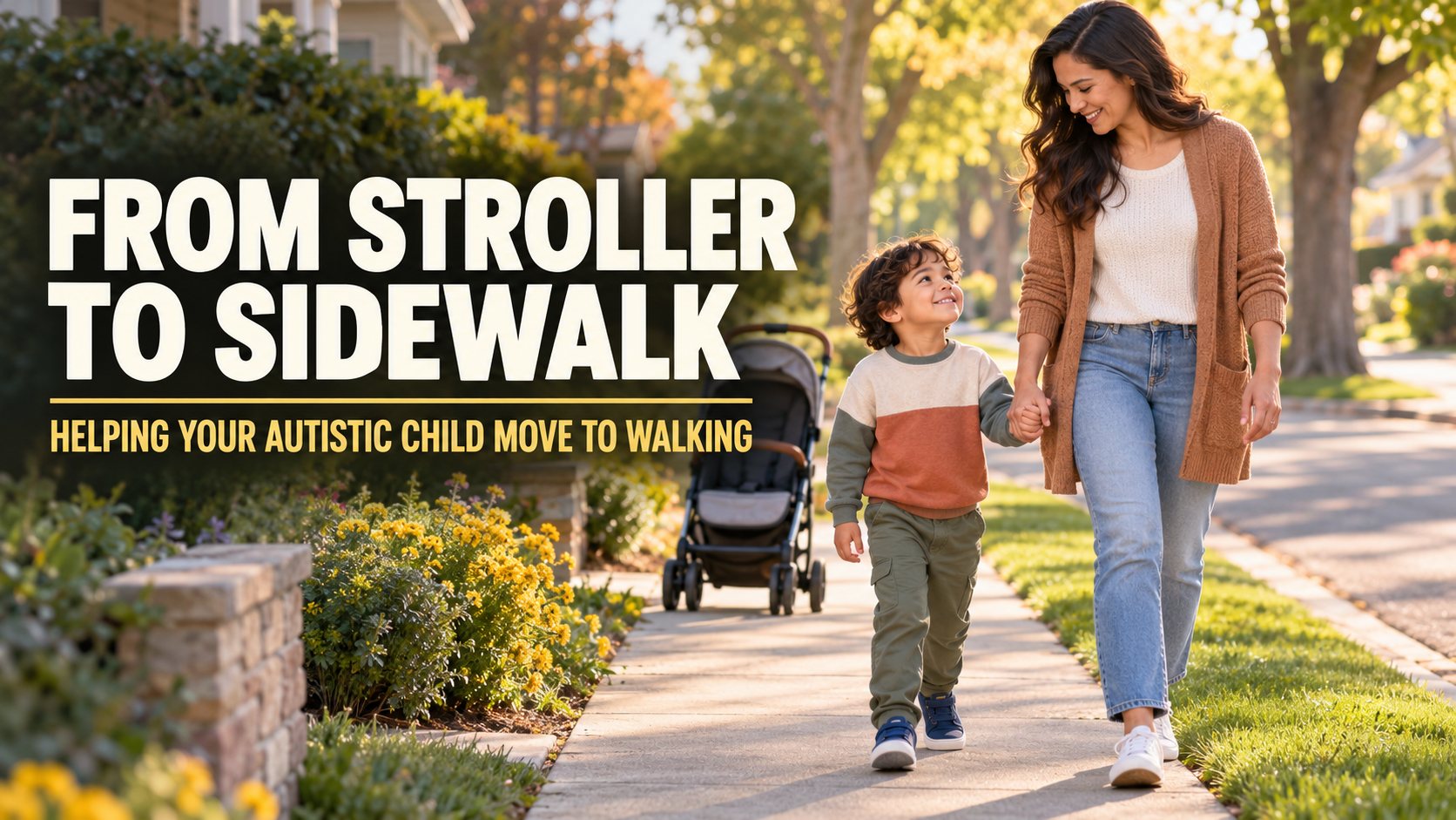 A woman and a young child walk hand in hand along a neighbourhood sidewalk, with an empty stroller behind them. Text on the image reads: From Stroller to Sidewalk, helping your autistic child move to walking.