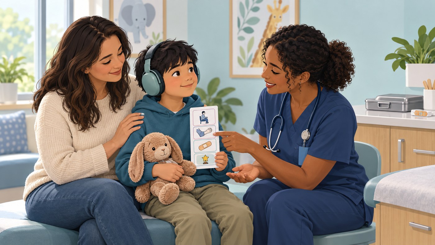 A child wearing headphones and holding a stuffed animal reviews a visual blood-test schedule with a caregiver and health-care professional.